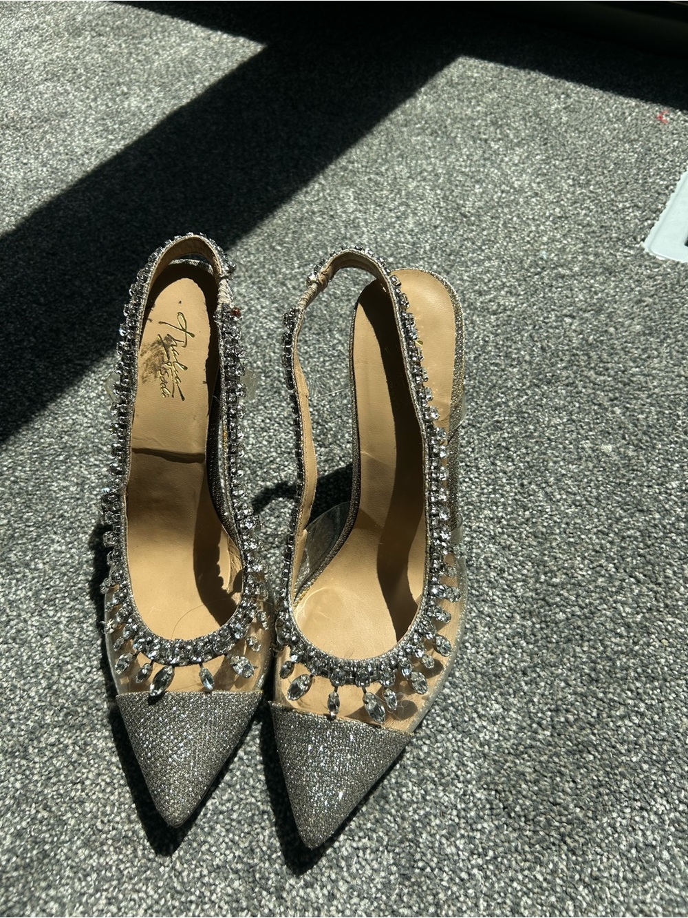 Embellished Pointed Toe Slingback Heels in Beige and Silver